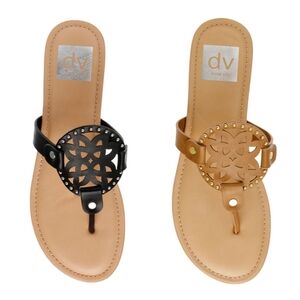 DV Dolce Vita Medallion Laser Cut Slip On Sandals Vegan Leather Black Brown